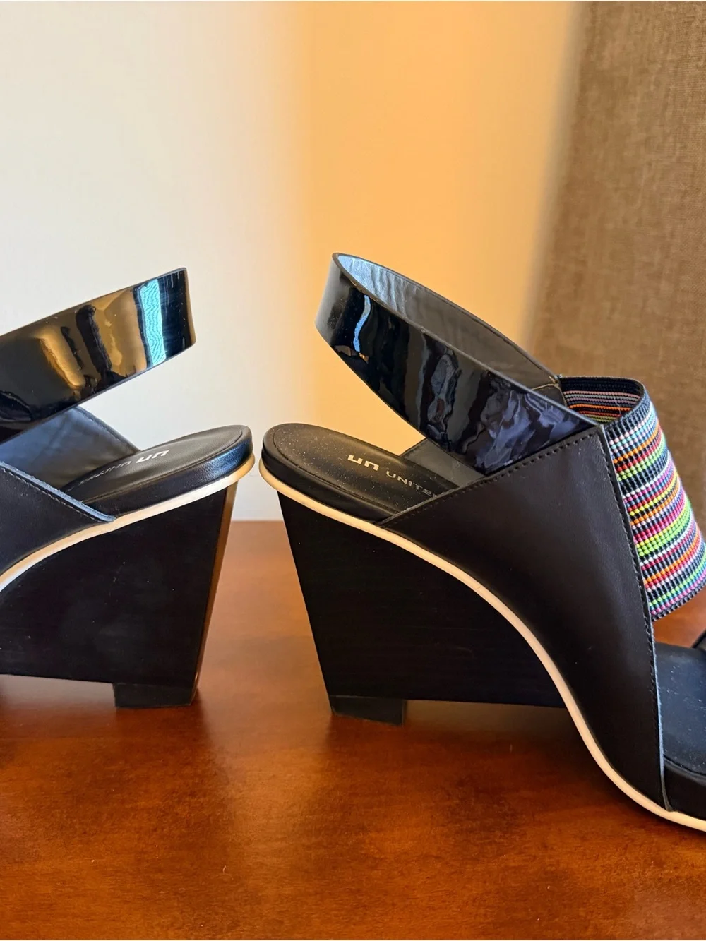 United Nude Black Wedge Sandals with Multicolor Striped Strap